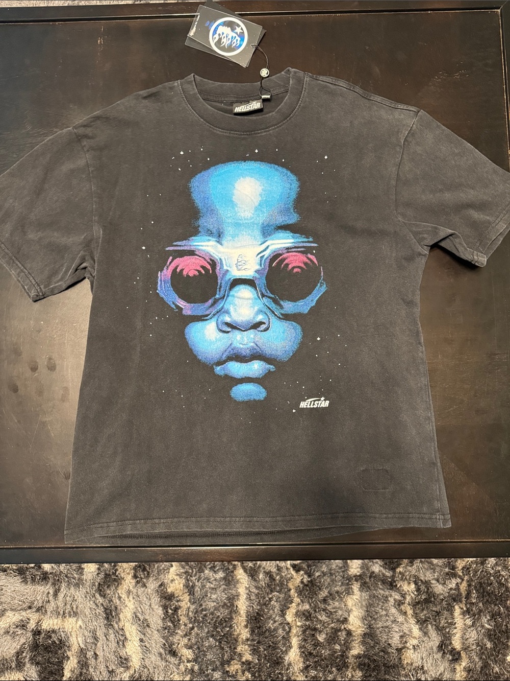 Hellstar Black Tee with Blue & Pink Face Graphic
